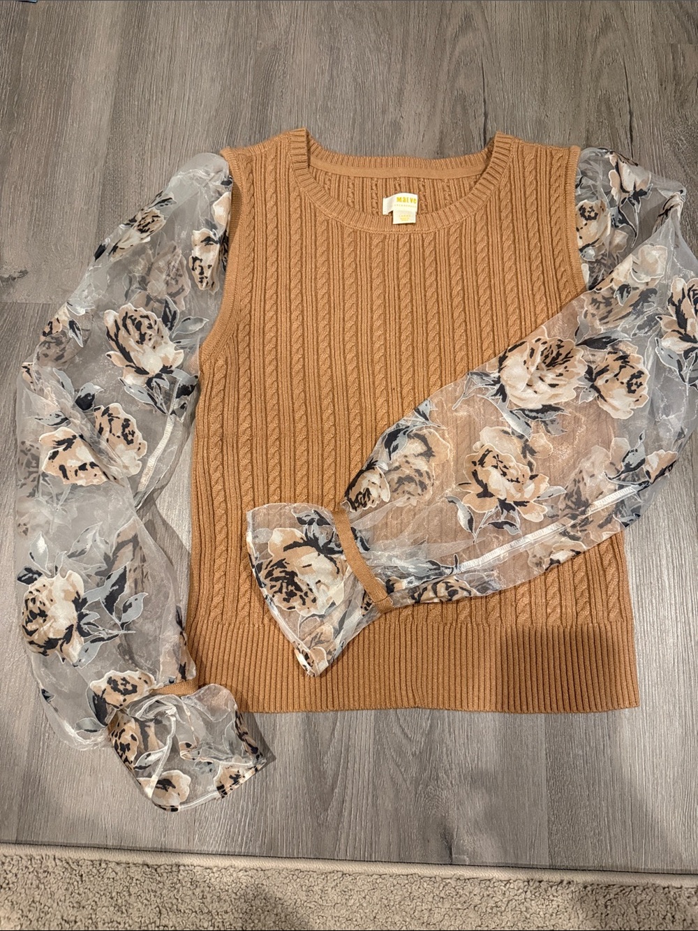 Maeve Camel Cable Knit Sweater with Floral Sheer Sleeves
